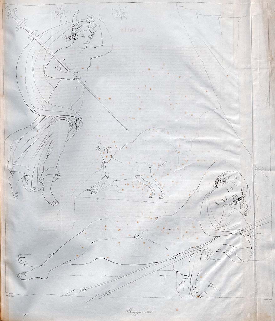 VII.13.4 Pompeii. Drawing by Zahn, 1840. Drawing of painting by Zahn of Endymion and Diane (Selene?).
According to Zahn this painting was found on a yellow wall surrounded by a reddish/brown border of one and a half inches, in the same room the Seasons, see below, were painted similarly on a yellow background. 
See Zahn, W., 1842-44. Die sch�nsten Ornamente und merkw�rdigsten Gem�lde aus Pompeji, Herkulanum und Stabiae: II. Berlin: Reimer, taf. 41. 