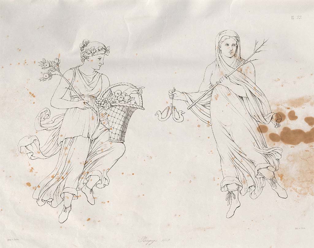 VII.13.4 Pompeii. 1840. 
Drawing by Zahn provenanced from an excavation in the Strada de� Mercadanti in a house near to the Calcidicum, opposite Casa del Cignale. According to Zahn, these are drawings of Autumn and Winter from the oecus/cubiculum in this house, and from which it gained one of its names, Casa delle Quattro Stagioni.  
See Zahn, W., 1842-44. Die sch�nsten Ornamente und merkw�rdigsten Gem�lde aus Pompeji, Herkulanum und Stabiae: II. Berlin: Reimer, taf. 22. 
