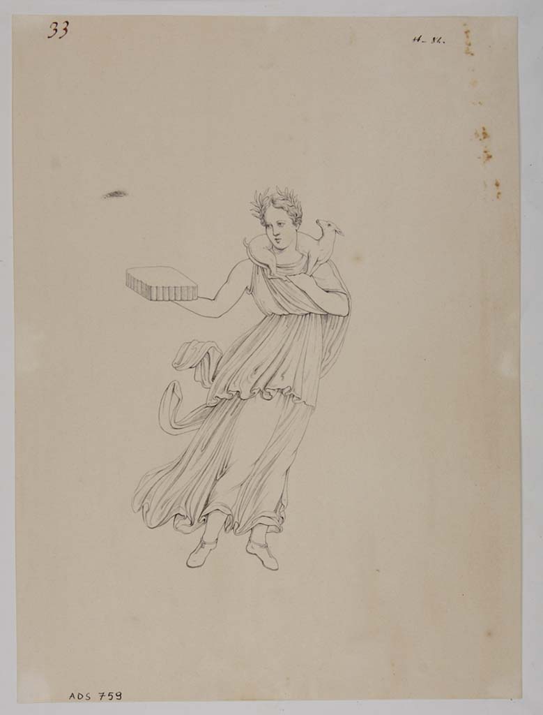 VII.13.4 Pompeii. Drawing by Giuseppe Abbate, 1840, of painting seen on wall of oecus/cubiculum.
This drawing has been described as Autumn, but fits the description of Spring better -
�Spring with the lamb on the shoulder, and in hand the basket with the ricotta.�
Now in Naples Archaeological Museum. Inventory number ADS 759.
Photo � ICCD. http://www.catalogo.beniculturali.it
Utilizzabili alle condizioni della licenza Attribuzione - Non commerciale - Condividi allo stesso modo 2.5 Italia (CC BY-NC-SA 2.5 IT)

