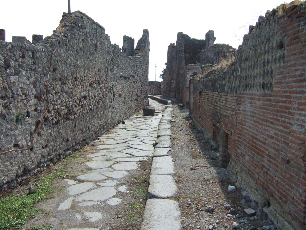 VII.15.1/2 Pompeii. September 2005.  Garden wall on Via dei Soprastanti/Vicolo del Gigante, looking south.    VII.16 on right.