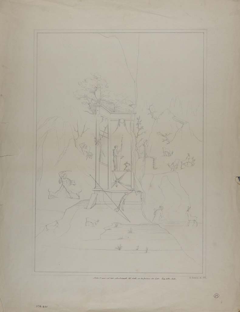 VII.15.2 Pompeii. Drawing by Geremia Discanno, 1872, of painting seen in oecus/triclinium on west side of tablinum.
The painting showed the punishment of Acteon
See Sogliano, A., 1879. Le pitture murali campane scoverte negli anni 1867-79. Napoli: Giannini, p.129, no.116.
See Bullettino dell’Instituto di Corrispondenza Archeologica (DAIR), 1872, p.174,
See Fiorelli, Scav.di Pompei, p.113, n.79, and Descrizione Pompei, p.306.
Now in Naples Archaeological Museum. Inventory number ADS 800.
Photo © ICCD. http://www.catalogo.beniculturali.it
Utilizzabili alle condizioni della licenza Attribuzione - Non commerciale - Condividi allo stesso modo 2.5 Italia (CC BY-NC-SA 2.5 IT)