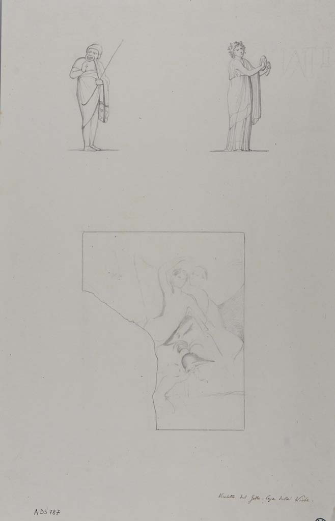 VII.15.2 Pompeii. Drawing by Geremia Discanno, of figure of comic actor, (top left) a painting seen in oecus/triclinium on west side of tablinum.
The other drawings are paintings from the walls of the triclinium on east side of tablinum.
According to Sogliano, the figure was seen on a red background.
See Sogliano, A., 1879. Le pitture murali campane scoverte negli anni 1867-79. Napoli: Giannini, p.133, no.650.
See Bullettino dell’Instituto di Corrispondenza Archeologica (DAIR), 1872, p.239,
See Fiorelli, Scav.di Pompei, p.147, n.420, and Descrizione Pompei, p.306.
Now in Naples Archaeological Museum. Inventory number ADS 787.
Photo © ICCD. http://www.catalogo.beniculturali.it
Utilizzabili alle condizioni della licenza Attribuzione - Non commerciale - Condividi allo stesso modo 2.5 Italia (CC BY-NC-SA 2.5 IT)