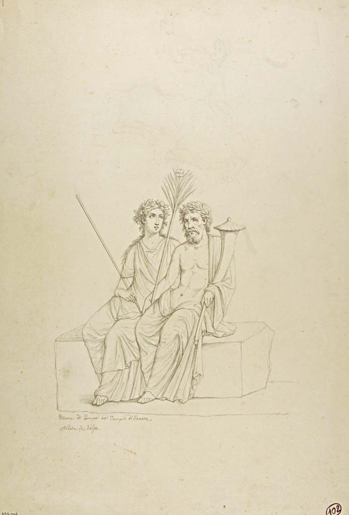 VII.15.2 Pompeii. Drawing by Nicola La Volpe, of two divinities, detail from Slaughter of the Niobids from north wall of apodyterium/exedra.  
Now in Naples Archaeological Museum. Inventory number ADS 706.
Photo © ICCD. http://www.catalogo.beniculturali.it
Utilizzabili alle condizioni della licenza Attribuzione - Non commerciale - Condividi allo stesso modo 2.5 Italia (CC BY-NC-SA 2.5 IT)
According to Sogliano, this painting was not preserved, but now appears to be in Naples Museum, inventory number 111479. 
See Sogliano, A., 1879. Le pitture murali campane scoverte negli anni 1867-79. Napoli: Giannini, p.85, no.505.

