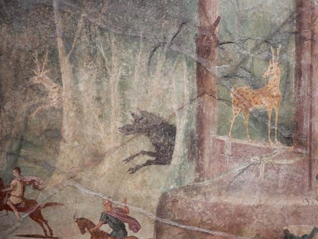 VII.15.2 Pompeii. May 2018. Detail from Slaughter of the Niobids from north wall of apodyterium/exedra.  
The servants continue hunting an exceptionally large giant boar as if unaware of what is happening around them. Photo courtesy of Buzz Ferebee. 
Now in Naples Archaeological Museum. Inventory number 111479.
