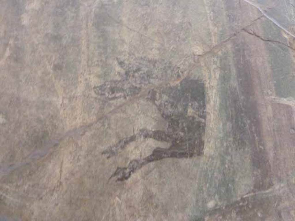 VII.15.2 Pompeii. May 2010. Detail from Slaughter of the Niobids from north wall of apodyterium.  The servants continue hunting an exceptionally large giant boar as if unaware of what is happening around them. Now in Naples Archaeological Museum.  Inventory number 111479.