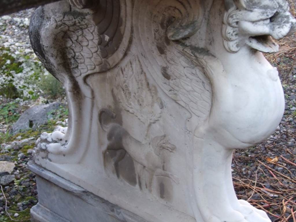 VII.15.13 Pompeii. December 2007. Detail of highly decorative Griffin marble support for marble table or cartibulum.