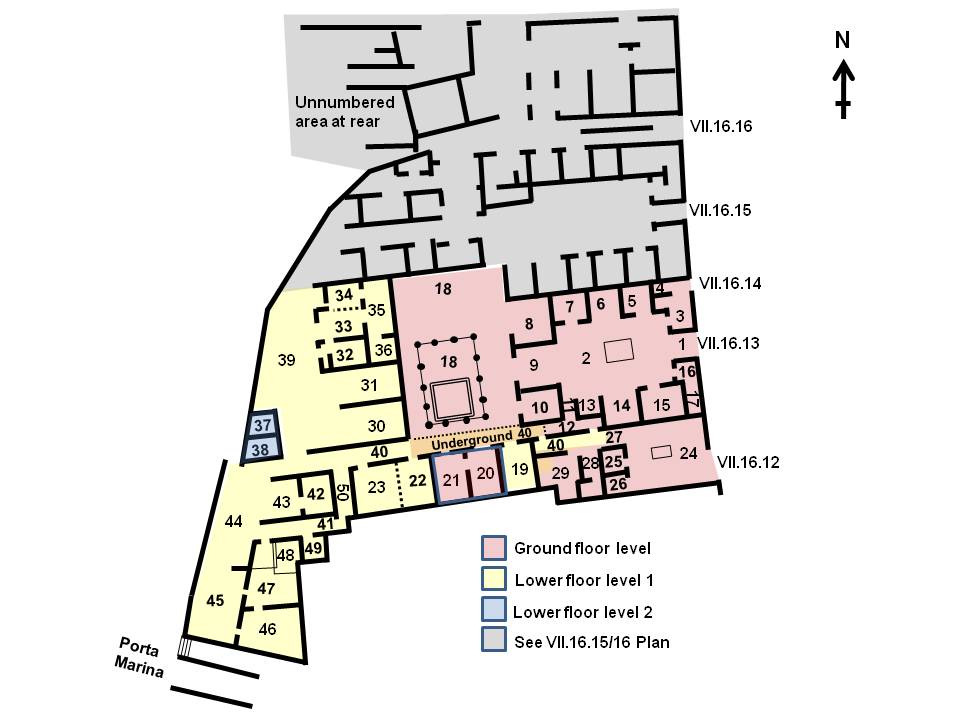 VII.16.13/12/14 Pompeii. Casa di Umbricius Scaurus (II)
or House of Aulus Umbricius Scaurus, Father and Son (II)
Plan