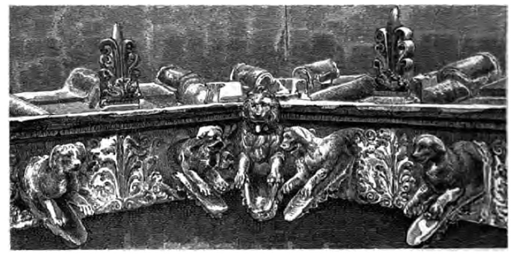 Mau identified these as being from “a House near the Porta Marina”.
The plan provided by Mau can be used to identify the house as VII.16.12/15 the House of Umbricius Scaurus.
See Mau, A., 1907, translated by Kelsey F. W. Pompeii: Its Life and Art. New York: Macmillan. (p.251, p.253, p.298).