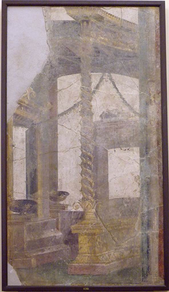 VII.16.17-22 Pompeii. Fragment of IVth style decoration, cut from the walls several days after it was found in April 1759.
Now in Naples Archaeological Museum. Inventory number 9700.
