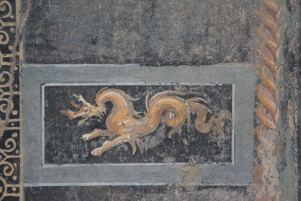 VII.16.22 Pompeii. October 2018. Room 58, detail of sea-monster from south wall. 
Foto Annette Haug, ERC Grant 681269 D�COR.

