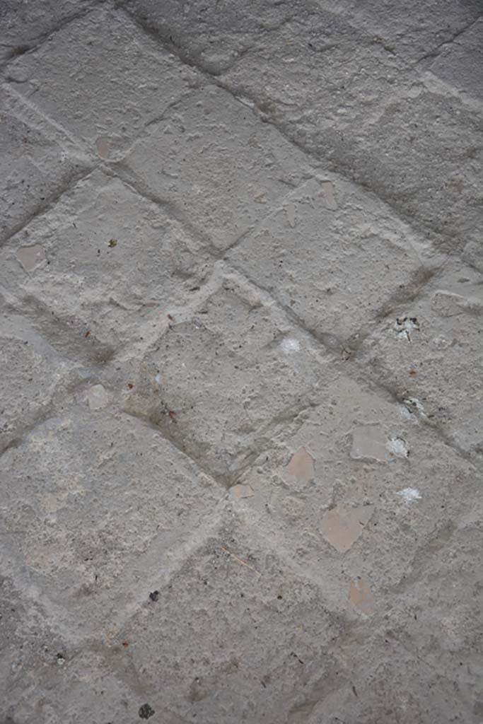VII.16.22 Pompeii. October 2018. Oecus 62, detail of flooring.
Foto Annette Haug, ERC Grant 681269 DÉCOR.
According to Grimaldi –
“The removal of the floor does not seem to have been the work of the Bourbon excavators: in fact, at the time of discovery the tiles were not found in situ, unlike the various objects and furnishings including the facings of the triclinium couches, a bronze lamp (SAP, inv. 13112) and a small table with a cupid on a dolphin.”
See Aoyagi M. and Pappalardo U., 2006. Pompei (Regiones VI-VII) Insula Occidentalis. Napoli: Valtrend. (p.376).


