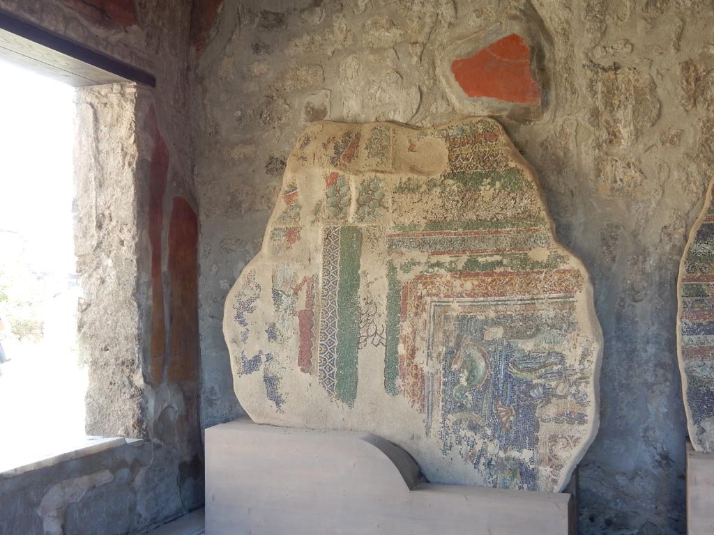 VII.16.a Pompeii. May 2018. First mosaic fragment belonging to the suburban baths now in VII.7.5.
This frame is decorated with shells and fishes, among which there is a darting dolphin.
See Carratelli, G. P., 1990-2003. Pompei: Pitture e Mosaici: Vol. VII.  Roma: Istituto della enciclopedia italiana, p. 257.
Photo courtesy of Buzz Ferebee.
