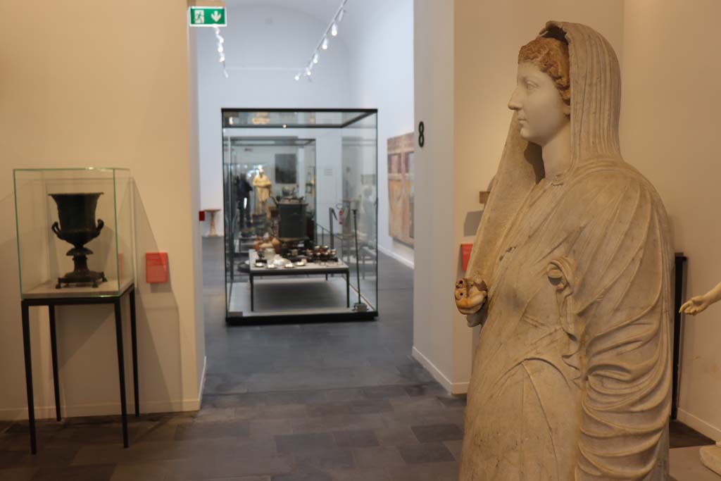 VIII.1.4 Pompeii. February 2021. Looking across Antiquarium, from statue of Livia. Photo courtesy of Fabien Bi�vre-Perrin (CC BY-NC-SA).
On the left is the bronze krater found in the triclinium at IX.13.1-3. 

