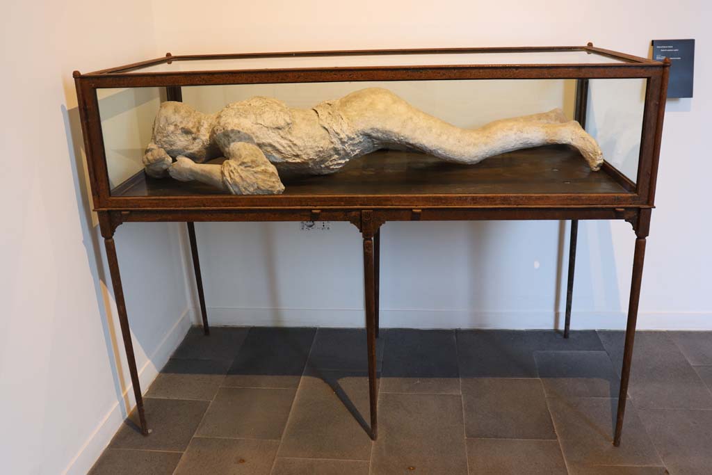 VIII.1.4 Pompeii Antiquarium. February 2021. 
Cast of a young woman fallen onto her face, supporting her head on her arm, stripped of her clothing.
(she was found in the layers of lapilli above Via Stabia, near VI.14.).  Photo courtesy of Fabien Bièvre-Perrin (CC BY-NC-SA).
