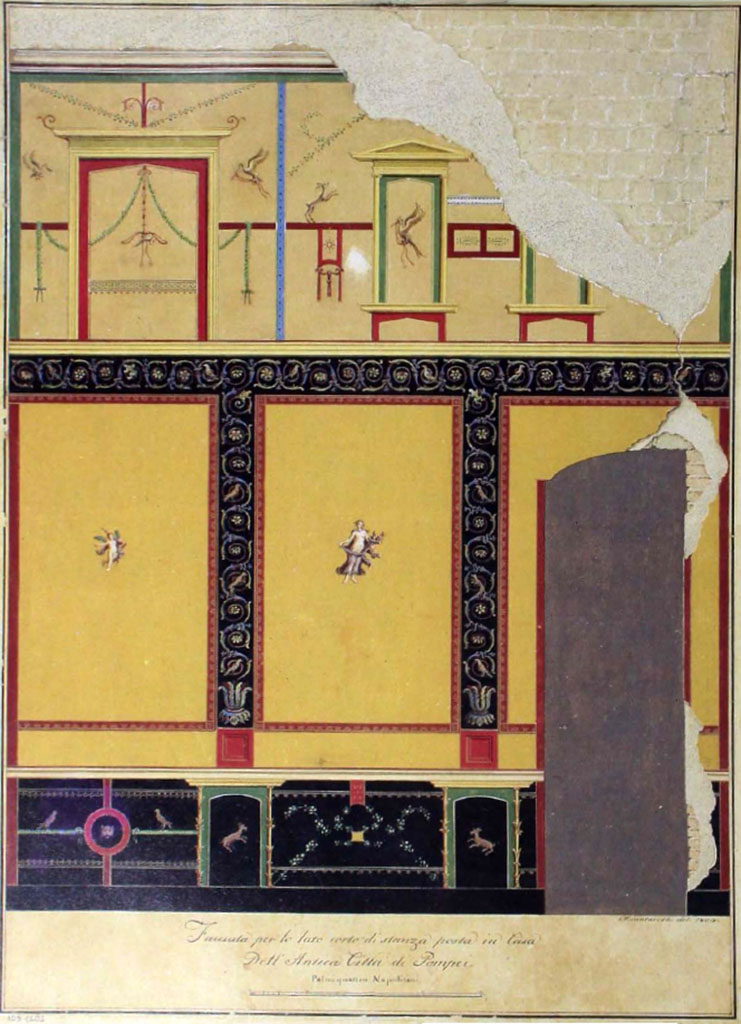 VIII.2.1 Pompeii. 1804 watercolour by G. Chiantarelli. Short (south) wall of exedra/oecus on east side of atrium.
According to PPM this is probably from this room.
See Carratelli, G. P., 1990-2003. Pompei: Pitture e Mosaici. Roma: Istituto della enciclopedia italiana, Vol. VIII, pp. 34-7, fig. 13. 
See Gli ornati delle pareti ed i pavimenti delle stanze dell'antica Pompei incisi in rame: 1838, Tav. 59.
