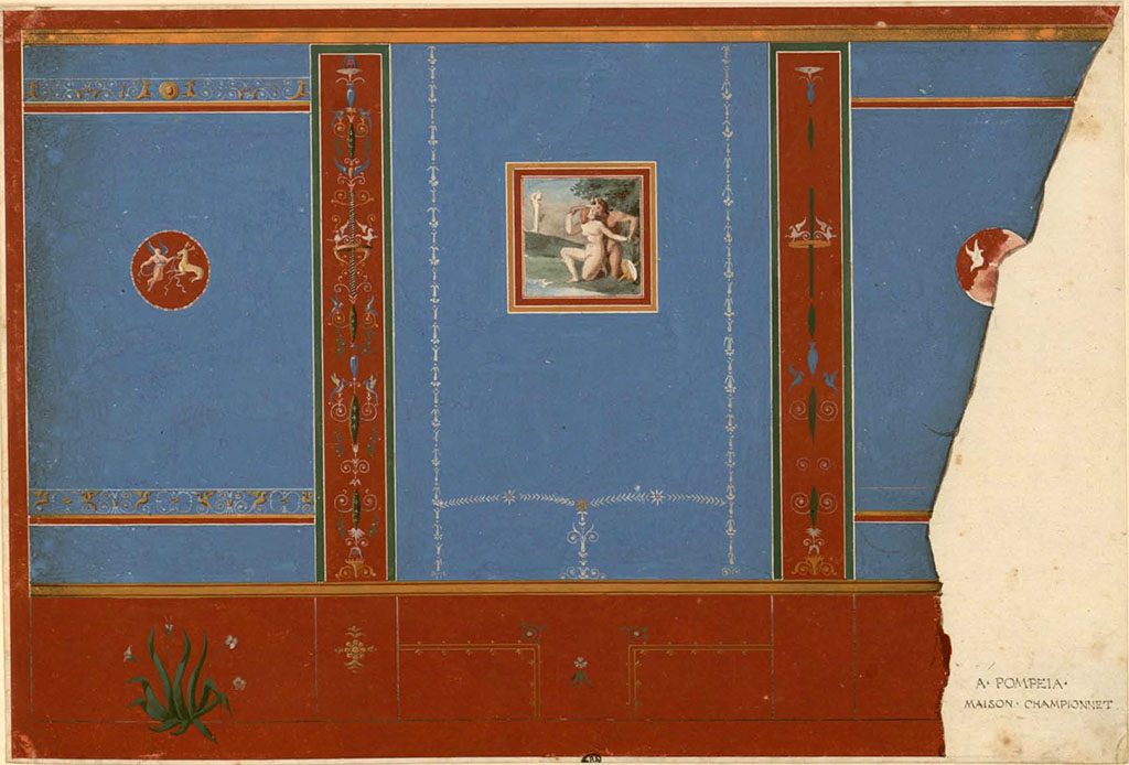 VIII.2.1 Pompeii, described as Maison Championnet, wall in triclinium, or cubiculum.
See Duban F. Album de dessins d'architecture effectués par Félix Duban pendant son pensionnat à la Villa Medicis, entre 1823 et 1828 : Tome 2, Pompéi, pl. 53.
INHA Identifiant numérique NUM PC 40425 (2)
https://bibliotheque-numerique.inha.fr/idurl/1/7157  « Licence Ouverte / Open Licence » Etalab

