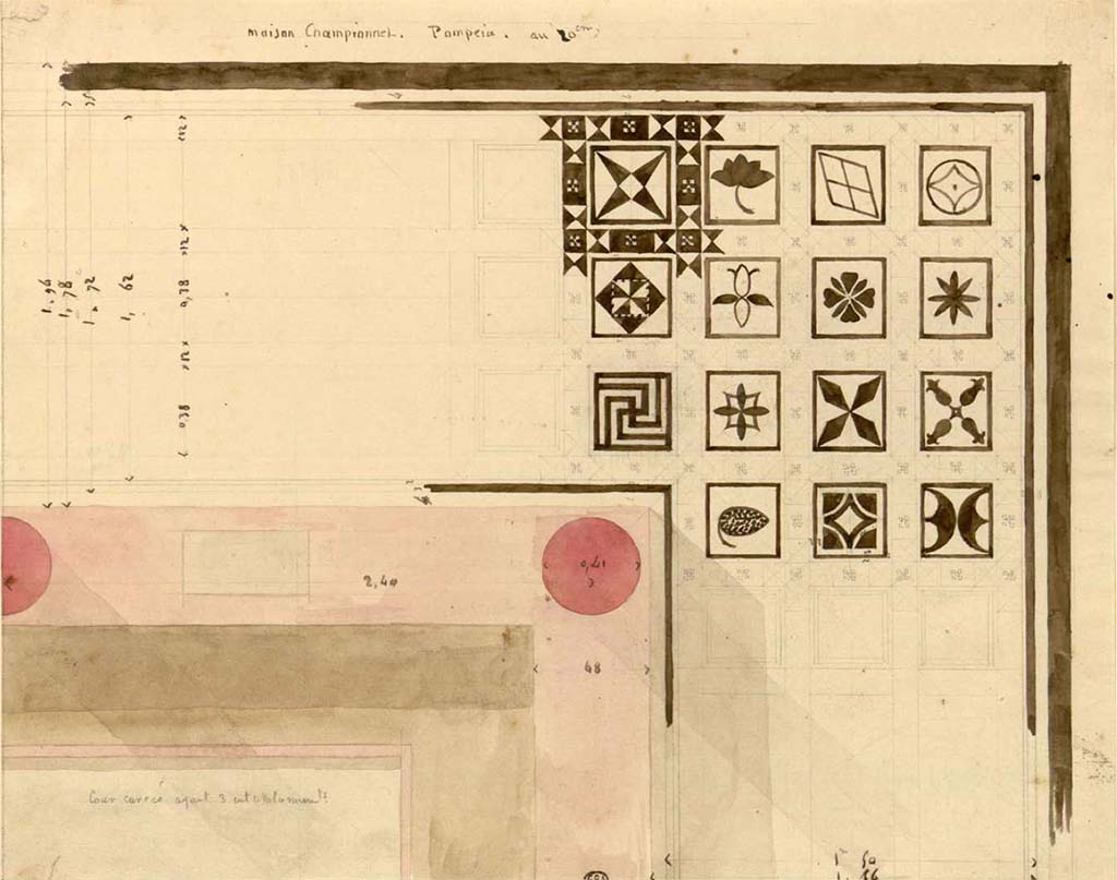 VIII.2.1 Pompeii. Between 1823 and 1828, drawing showing beautiful mosaic found in the north-east corner of the peristyle garden, now lost.
See Duban F. Album de dessins d'architecture effectués par Félix Duban pendant son pensionnat à la Villa Medicis, entre 1823 et 1828: Tome 2, Pompéi, pl. 50.
INHA Identifiant numérique NUM PC 40425 (2)
https://bibliotheque-numerique.inha.fr/idurl/1/7157  « Licence Ouverte / Open Licence » Etalab

