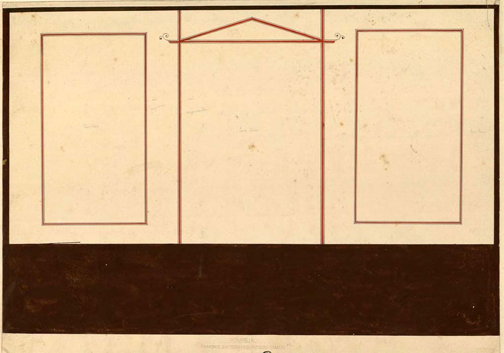 VIII.2.1 Pompeii. Between 1823 and 1828 painting by F. Duban showing west wall of a lower floor room.
See Duban F. Album de dessins d'architecture effectués par Félix Duban pendant son pensionnat à la Villa Medicis, entre 1823 et 1828: Tome 2, Pompéi, pl. 52.
INHA Identifiant numérique NUM PC 40425 (2)
https://bibliotheque-numerique.inha.fr/idurl/1/7157  « Licence Ouverte / Open Licence » Etalab
