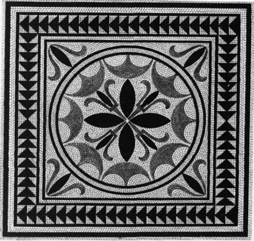 VIII.2.1-3 Pompeii. 1824. Drawing of mosaic from one of the rooms in the two houses of VIII.2.1 and VIII.2.3. 
See Mazois, F., 1824. Les Ruines de Pompei: Second Partie. Paris: Firmin Didot. (p. 61, Plate XX fig 2)
According to Mazois, this mosaic was attributed to the plans of the houses at VIII.2.1 and VIII.2.3.
However, he also attributed this mosaic to the centre of the tablinum of VI.2.16 –
“In the centre of the room would have been an emblema with four-petalled rosette set in a square with border of triangles.”
See Carratelli, G. P., 1990-2003. Pompei: Pitture e Mosaici. IV. Roma: Istituto della enciclopedia italiana, (p. 209).
See Mazois, F., 1824. Les Ruines de Pompei : Second Partie. Paris: Firmin Didot, p.61, pl. XX fig II and p.69, pl. XXIV.

