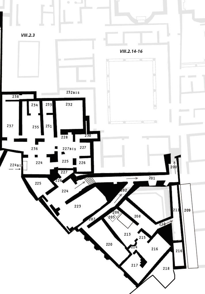 VIII.2.14-16 Pompeii. Plan of lower level, courtesy of Sandra Zanella.
See Zanella S., 2019. La caccia fu buona: Pour une histoire des fouilles � Pomp�i de Titus � l�Europe. Naples : Centre Jean B�rard, planche II.

