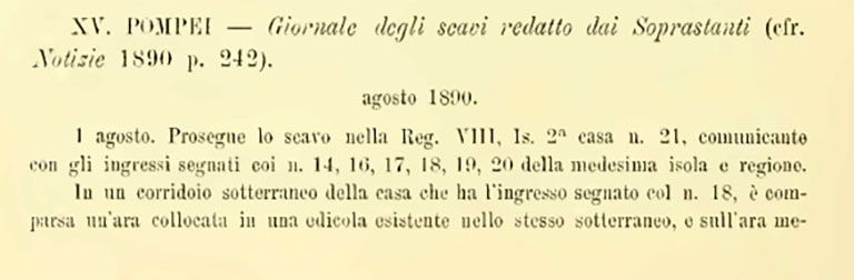 VIII.2.16 Pompeii. Notizie degli Scavi di Antichit�, 1890, p. 290.