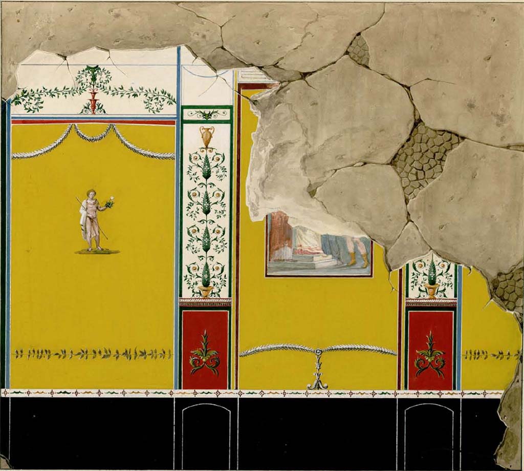 VIII.2.18 Pompeii. c.1831-32. Painting by Questel, possibly showing north wall of tablinum. 
See Charles-Auguste Questel (1807-1888) Voyage en Italie et Sicile. Août 1831 - novembre 1832, pl. 108.
INHA identifiant numérique: NUM MS 512. Document placé sous « Licence Ouverte / Open Licence » Etalab 
