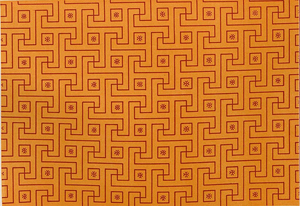 VIII.2.30 Pompeii. Painting by Discanno showing detail of the decoration of the room (17, on the lower floor).
See Niccolini F, 1896. Le case ed i monumenti di Pompei: Volume Quarto. Napoli, Nuovi Scavi, Tav. VII.
According to PPM, this is with the faithful restitution of the colours and of the particulars of the rosette with four petals in the squares.
See Carratelli, G. P., 1990-2003. Pompei: Pitture e Mosaici: Vol. VIII. Roma: Istituto della enciclopedia italiana, (p.261, no. 38).
See Schefold, K., 1957. Die Wände Pompejis. Berlin: De Gruyter. (p.216-7).

According to Mau in BdI –
“In 17 sopra uno zoccolo nero le pareti intere ed anche le volte furono riempite di un disegno a meandro eseguito in rosso su fondo giallo.”
("In 17 on a black zoccolo/dado/plinth the entire walls and also the vaults were filled with a meandering design executed in red on a yellow background.")
See Bullettino dell’Instituto di Corrispondenza Archeologica (DAIR), 1885, (p. 91).
