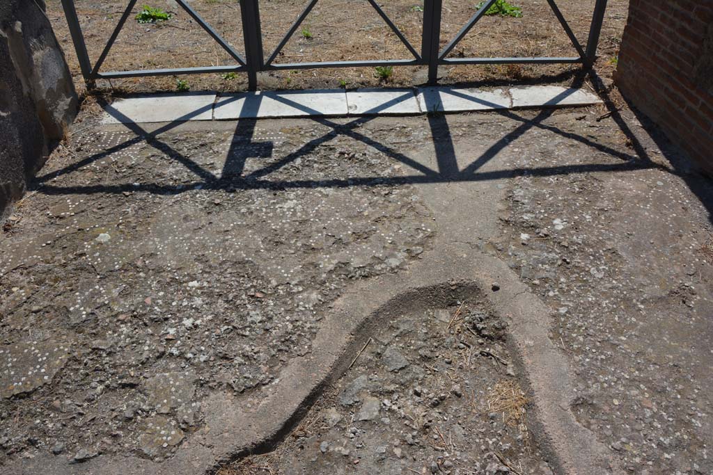 VIII.2.34 Pompeii. September 2019. Looking south towards atrium across remaining flooring in entrance corridor.
 Foto Annette Haug, ERC Grant 681269 DÉCOR.
According to PPM –
“The cocciopesto flooring showed a motif of scales and towards the threshold of the atrium had a design of swastika-like meanders alternating with concentric squares, partly damaged by the insertion of the threshold made of six pieces of white marble veined with grey, equipped at the ends with recesses for the hinges but without those for the latches as the door shutters were held together by the lock.” 
See Carratelli, G. P., 1990-2003. Pompei: Pitture e Mosaici. VIII. (8). Roma: Istituto della enciclopedia italiana, (no. 2, p.266).
