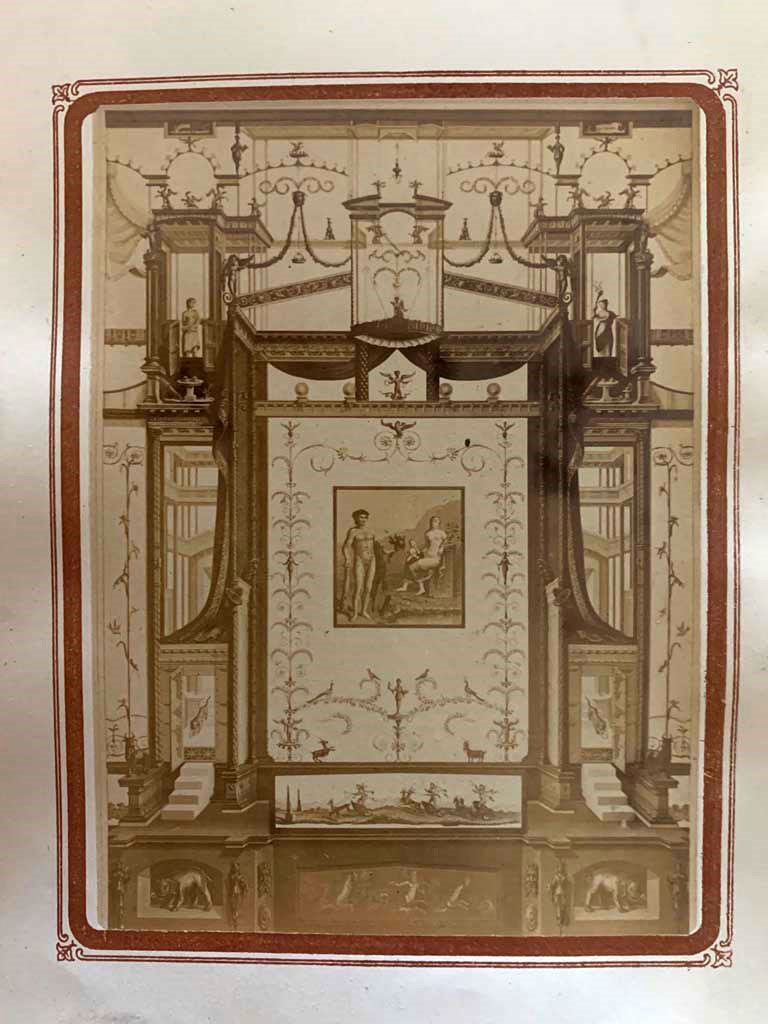 VIII.2.39 Pompeii. From an album by Roberto Rive, dated 1868. Photo courtesy of Rick Bauer.
According to Curtius – this was a wall from somewhere in the House of Joseph II and was painted by D’Amelio.
See Curtius, L., 1972. Die Wandmalerei Pompejis. New York: Hildesheim. (p.172, and photo no.108).
The words under the D'Amelio painting however attribute it to the House of Castor and Pollux (VI.9.6). 
According to PPM, this painting, which was traditionally recognized as a wall from VIII.2.39 must now be identified as a wall of the ala of VIII.3.14.
We have included it here, as well as in VIII.3.14 and VI.9.6. 

