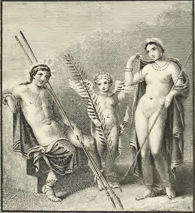 VIII.3.14 Pompeii. Left Ala, south wall. 1819 drawing of painting of deities found here.
According to Gell, a male figure, whose head is surrounded with rays, reclines upon a seat. 
Before him appears a female, bearing a wand and purple peplum. 
Between them is Hymen, whose head is encircled with a wreath.
He has a torch in one hand, in the other a branch of palm. 
It would be difficult to say precisely what persons the painter has here intended to represent. 
The palm branch is possibly symbolic of the victory of Cupid over the goddess of chastity. 
See Gell W. and Gandy J., 1817-19. Pompeiana. London: Rodwell and Martin, p. 193-4, pl. XLI.
See Schefold, K., 1957. Die Wände Pompejis. Berlin: De Gruyter. p. 221.
See Helbig, W., 1868. Wandgemälde der vom Vesuv verschütteten Städte Campaniens. Leipzig: Breitkopf und Härtel. (no. 965)

