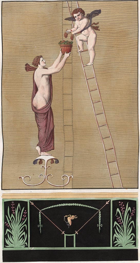 VIII.3.14 Pompeii. Upper south wall of cubiculum.
Painting by Mazois showing a Cupid on a ladder placing grapes into a bucket held by a young girl. 
The lower painting from a zoccolo, may or may not be from this house.
See Mazois, F., 1838. Les Ruines de Pompei : Quatrième Partie. Paris : Didot Frères, (vol.4, 1838, Pl.1.)

Mazois died in 1826, and this volume IV was published in 1838.
In the description of this painting called “La Vendange” (The Harvest) – it says –
“Mazois did not leave any note to indicate the place where he had found this wall painting, and the collections that we have consulted have not been able to give us any information in this regard.
But Mazois formally intended this first plate to be placed before the views of the Greek temple and the puteal. (Pl. II, fig, I and II).”
