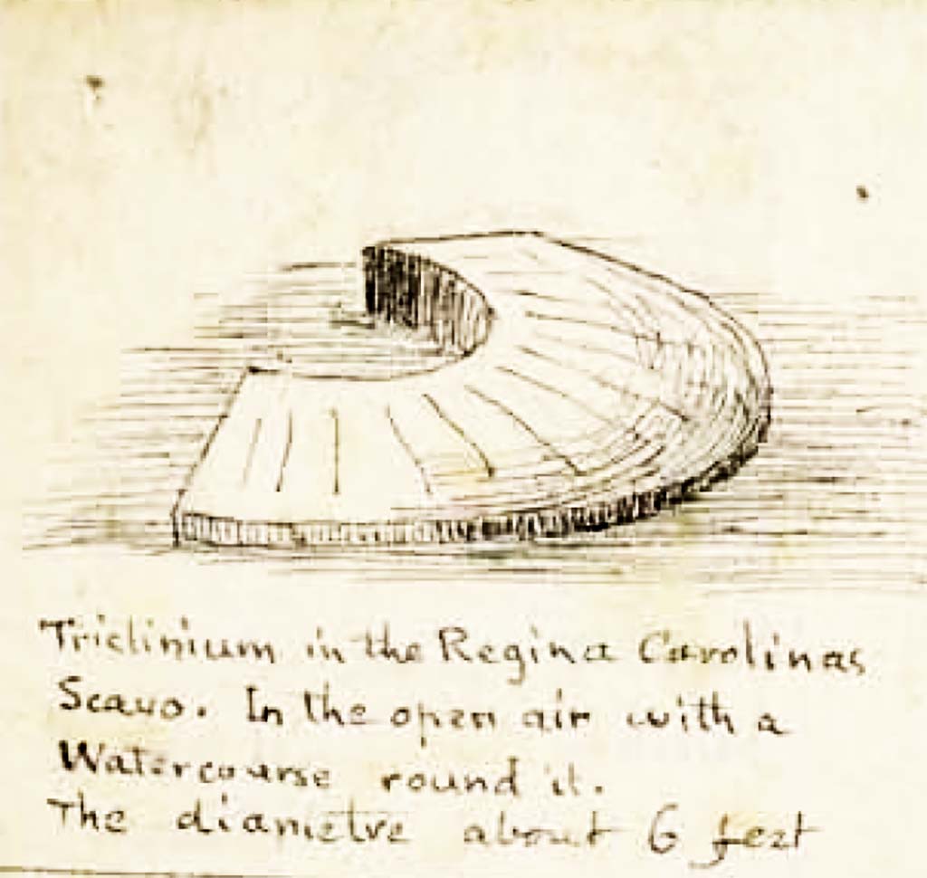 VIII.3.15 Pompeii. Between 1819 and 1832, drawing by W. Gell of the triclinium.
See Gell, W. Pompeii unpublished [Dessins de l'�dition de 1832 donnant le r�sultat des fouilles post 1819 (?)] vol II, pl. 33.
Biblioth�que de l'Institut National d'Histoire de l'Art, collections Jacques Doucet, Identifiant num�rique Num MS180 (2).
See book in INHA Use Etalab Licence Ouverte
