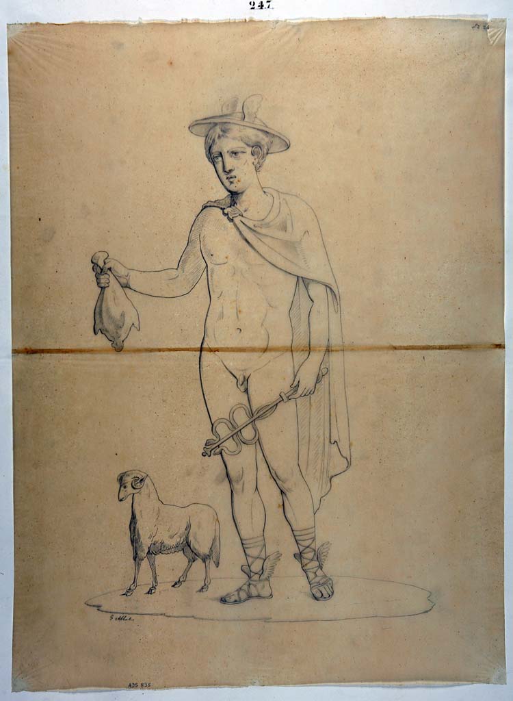 VIII.4.3 Pompeii. Drawing by Giuseppe Abbate, of painting of Mercury from one of the two doorposts of the shop.
Now in Naples Archaeological Museum. Inventory number ADS 835.
Photo � ICCD. http://www.catalogo.beniculturali.it
Utilizzabili alle condizioni della licenza Attribuzione - Non commerciale - Condividi allo stesso modo 2.5 Italia (CC BY-NC-SA 2.5 IT)
