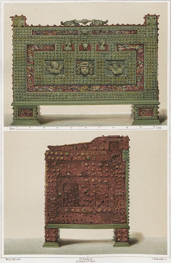 VIII.4.12 Pompeii. Pre-1862. See also VII.2.18, as this would also seem to fit the description from that house.
Painting by Niccolini of strong box/money chest, described by Niccolini as being from the house opposite Stabian Baths. 
This would appear to be the same “arca” as found in VII.2.18.
VIII.4.12 has mention of a strong box found against a wall in the peristyle/garden, and would be opposite the Stabian Baths.
According to Niccolini –
The bronze chest was made of iron covered by bronze, the decorations that adorned this chest were cast and finely chiselled. 
It is now in the Museo Nazionale in the “salone de’ bronzi”.
See Niccolini F, 1862. Le case ed i monumenti di Pompei: Volume Secondo. Napoli, (Descrizione Generale, tav. XXXIII).
According to Espen B. Andersson [email]: 
The money chest in this colour photo cannot be from VIII.4.12 because, there the platform has an iron hook on the top of the platform.  
This iron hook is not high enough to get into and secure the four legged chest. The legs lift it up too high.  
The actual chest can therefore not belong to this platform. The central iron hook or rod was always to keep a chest firmly fastened. 
Seen against this background VII.2.18 is more likely.  
Our thanks to Espen B. Andersson, for pointing out this information on the cash chest.

