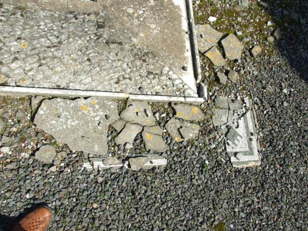 VIII.4.15 Pompeii. March 2009. Room 1, atrium.  Corner of impluvium, with remains of mosaic, in south-west corner. Note the beautiful mosaic edge to the impluvium shown in the old photos in Part 3.
