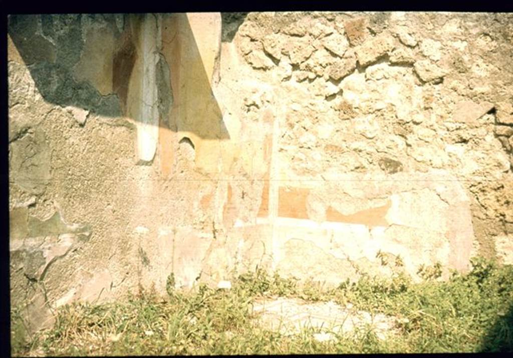 VIII.4.34 Pompeii. Remains of wall decorations in north-west corner of room to west of the tablinum, the cubiculum.
Photographed 1970-79 by G�nther Einhorn, picture courtesy of his son Ralf Einhorn.
According to PPM, the west wall of cubiculum had a yellow zoccolo which was subdivided into panels with plants and mirrored compartments.
in the middle zone the central aedicula had a red background with a central yellow portion in which was placed a painting of Selene and Endymion, uselessly protected from the elements by insufficient roofing.
The side panels, of which the one to the north was interrupted by a window, had a wide red border with a yellow centre.
See Carratelli, G. P., 1990-2003. Pompei: Pitture e Mosaici: Vol. VIII. Roma: Istituto della enciclopedia italiana, p. 544. 

