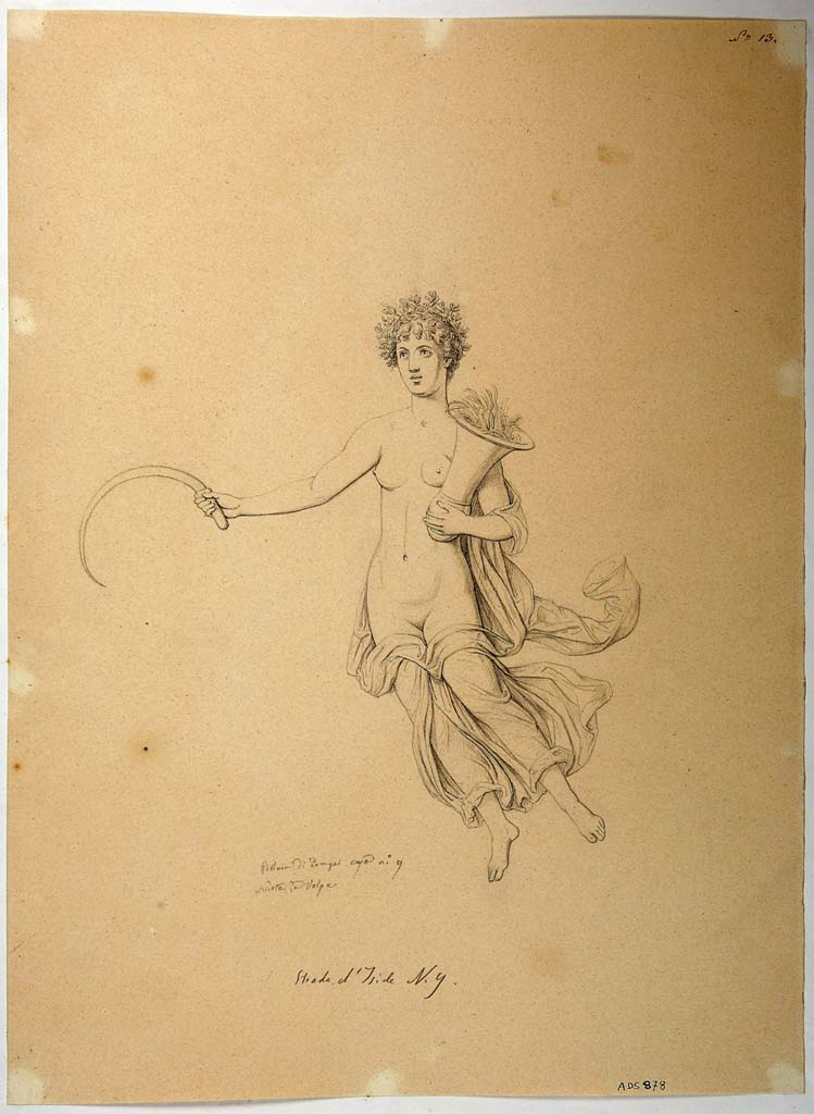 VIII.4.34 Pompeii. Drawing by Nicola La Volpe, of painting of Summer, from red panel at east end of north wall of tablinum. 
Her mantle is green. In her right hand is a sickle. In her left hand is a kalathos (vase) full of ears of corn.
See Helbig, W., 1868. Wandgem�lde der vom Vesuv versch�tteten St�dte Campaniens. Leipzig: Breitkopf und H�rtel, 982.
Now in Naples Archaeological Museum. Inventory number ADS 878.
Photo � ICCD. http://www.catalogo.beniculturali.it
Utilizzabili alle condizioni della licenza Attribuzione - Non commerciale - Condividi allo stesso modo 2.5 Italia (CC BY-NC-SA 2.5 IT)
