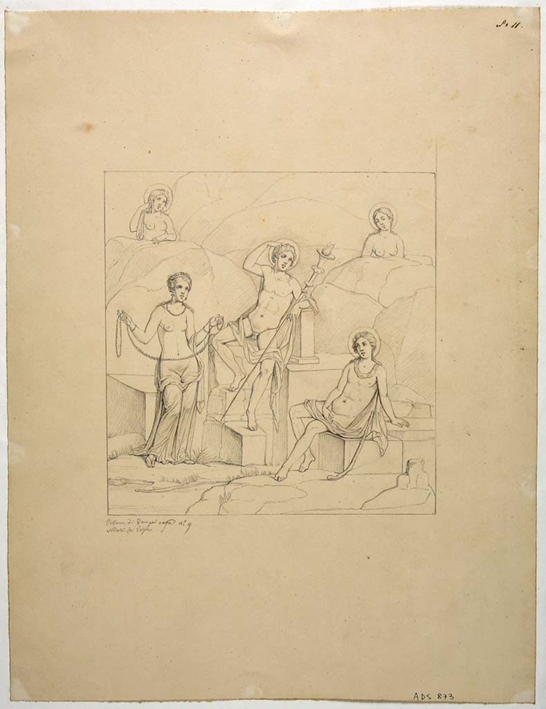 VIII.4.34 Pompeii. Drawing by Nicola La Volpe, of painting of the contest between the gods of light (la gara tra divinit� della luce).
This would have been seen on the east wall of the tablinum.
Dionysus is the judge in the centre holding a long torch.
Venus is holding a garland on the left of the picture.
Hesperus with a halo and star on his head is sitting on the right.
Two other female divinities with halos are assisting from on high.
See Helbig, W., 1868. Wandgem�lde der vom Vesuv versch�tteten St�dte Campaniens. Leipzig: Breitkopf und H�rtel, (971)
Now in Naples Archaeological Museum. Inventory number ADS 873.
Photo � ICCD. http://www.catalogo.beniculturali.it
Utilizzabili alle condizioni della licenza Attribuzione - Non commerciale - Condividi allo stesso modo 2.5 Italia (CC BY-NC-SA 2.5 IT)

