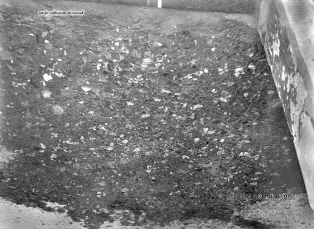 VIII.5.2 Pompeii. C.1930. Room 4, flooring of cocciopesto with irregular flakes of limestone.
DAIR 40.390. Photo © Deutsches Archäologisches Institut, Abteilung Rom, Arkiv.
See Pernice, E.  1938. Pavimente und Figürliche Mosaiken: Die Hellenistische Kunst in Pompeji, Band VI. Berlin: de Gruyter, 
(described as “room 9”, and see tav. 14.6, above.)
