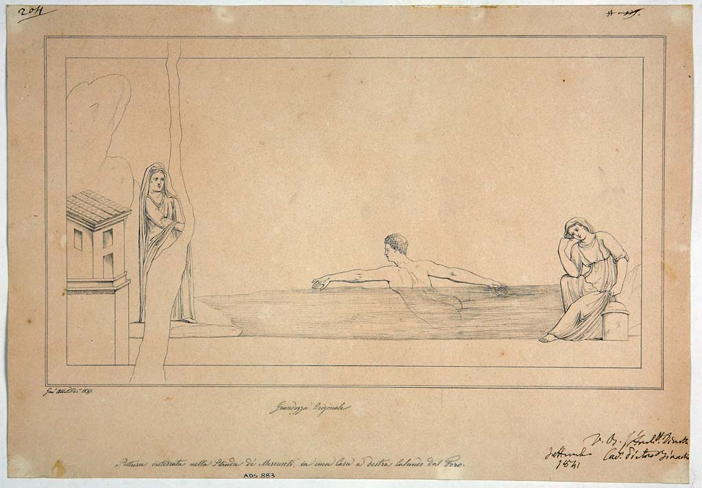 VIII.5.5 Pompeii. Room 31, north end of east wall of cubiculum. 
Drawing by Giuseppe Abbate, 1841, of painting of Hero and Leander which has now completely faded and disappeared.
Now in Naples Archaeological Museum. Inventory number ADS 883.
Photo � ICCD. http://www.catalogo.beniculturali.it
Utilizzabili alle condizioni della licenza Attribuzione - Non commerciale - Condividi allo stesso modo 2.5 Italia (CC BY-NC-SA 2.5 IT)
