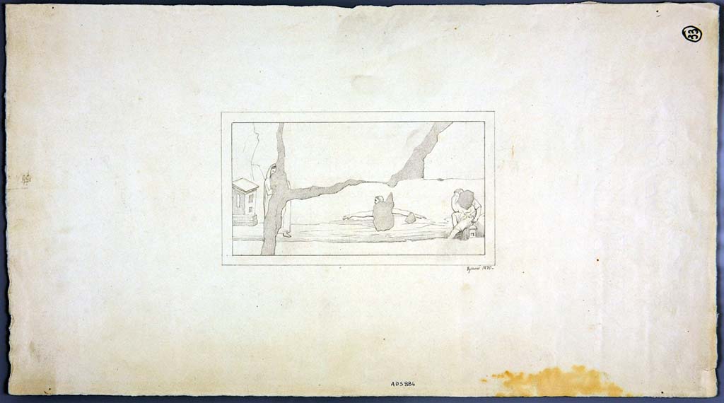 VIII.5.5 Pompeii. Room 31, north end of east wall of cubiculum. 
Drawing by Geremia Discanno, 1870, of remains of painting of Hero and Leander but which has now completely disappeared.
Now in Naples Archaeological Museum. Inventory number ADS 884.
Photo � ICCD. http://www.catalogo.beniculturali.it
Utilizzabili alle condizioni della licenza Attribuzione - Non commerciale - Condividi allo stesso modo 2.5 Italia (CC BY-NC-SA 2.5 IT)
