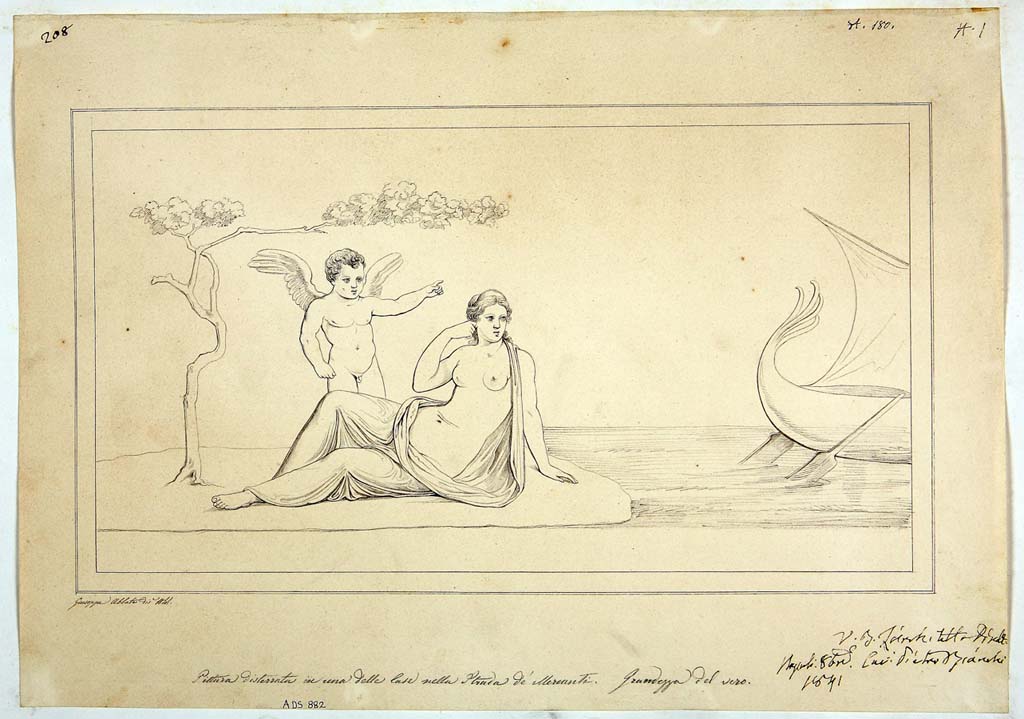 VIII.5.5 Pompeii. ADS 882. Room 31, south end of west wall of cubiculum.  
Drawing by Giuseppe Abbate, 1841, of painting of Ariadne abandoned by Theseus, now faded and destroyed. 
Now in Naples Archaeological Museum. Inventory number ADS 882.
Photo � ICCD. http://www.catalogo.beniculturali.it
Utilizzabili alle condizioni della licenza Attribuzione - Non commerciale - Condividi allo stesso modo 2.5 Italia (CC BY-NC-SA 2.5 IT)
