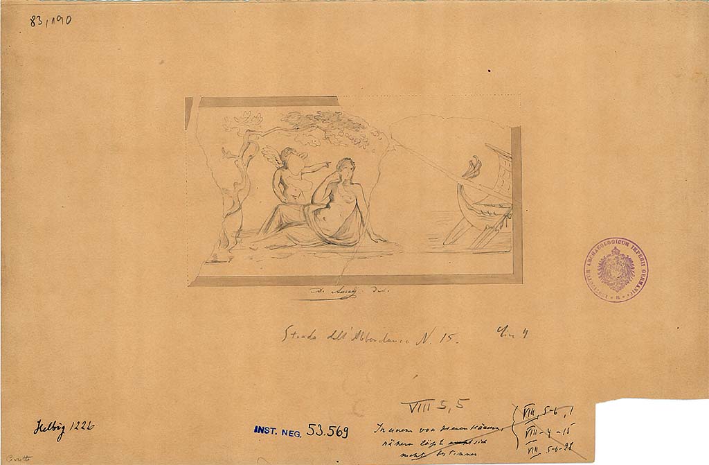 VIII.5.5 Pompeii. Sketch by A. Aurelj of Ariadne abandoned by Theseus, from south end of west wall of cubiculum.
DAIR 83.190. Photo � Deutsches Arch�ologisches Institut, Abteilung Rom, Arkiv. 
