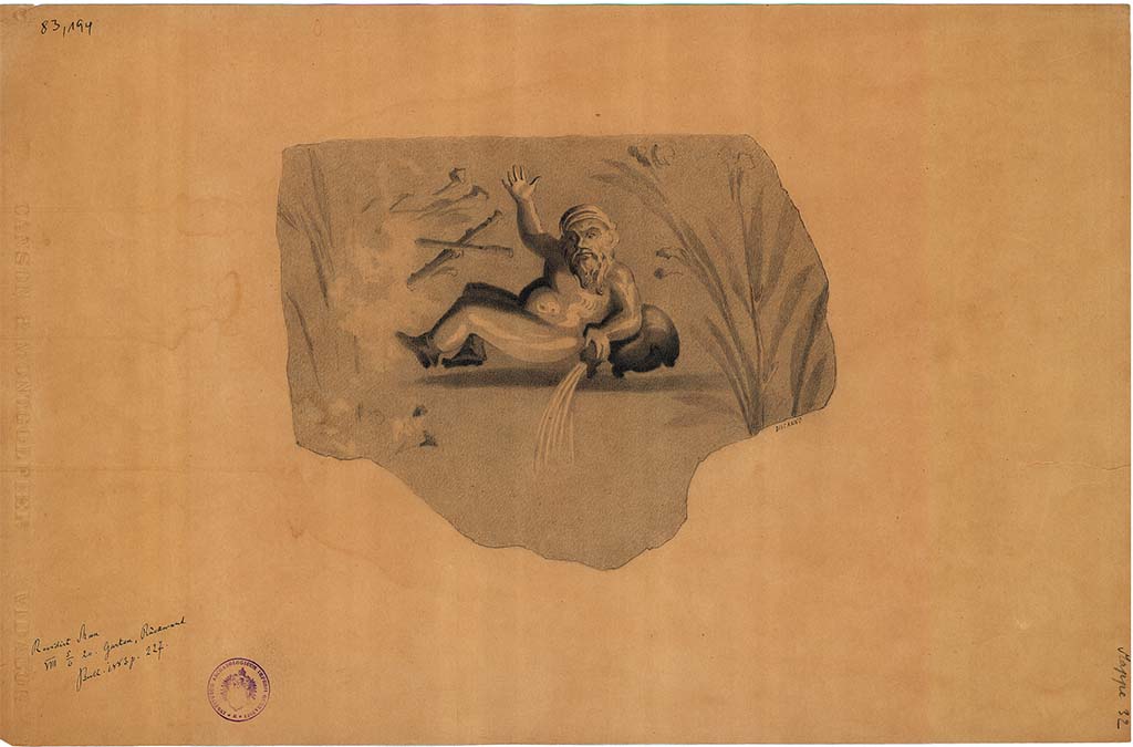 VIII.5.17 Pompeii, rear garden of VIII.5.20. Drawing of Silenus stretched out among plants.
DAIR 83.194. Photo � Deutsches Arch�ologisches Institut, Abteilung Rom, Arkiv.
See Bullettino dell�Instituto di Corrispondenza Archeologica (DAIR), 1883, p.227.
