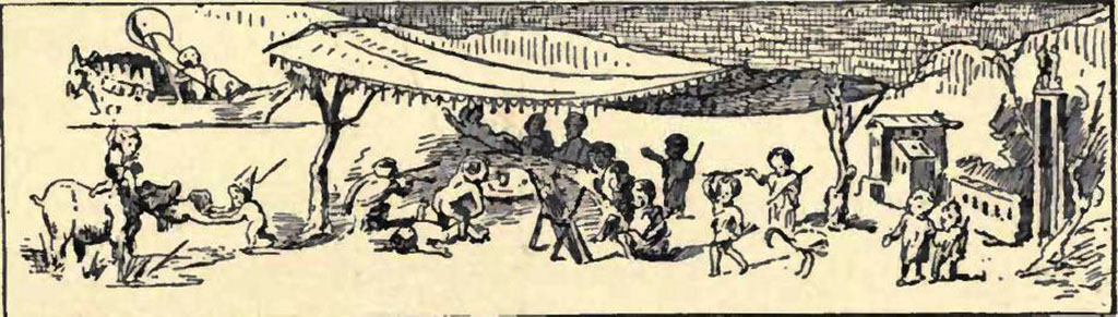 VIII.5.24 Pompeii. Drawing by Pierre Gusman entitled Parody of the Story of Jonah.
See Gusman, P. (1900). Pompei, the city, its life and art. London, William Heinemann. (p.377).
