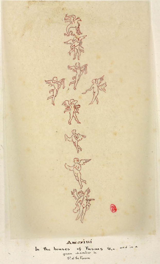 VIII.5.28 Pompeii. Between 1819 and 1832 sketch by W. Gell of cupids, described by him as �
�In the houses of Fuscus and in a green chamber in Street  of the Forum.�
See Gell, W. Pompeii unpublished [Dessins de l'�dition de 1832 donnant le r�sultat des fouilles post 1819 (?)] vol II, pl. 51.
Biblioth�que de l'Institut National d'Histoire de l'Art, collections Jacques Doucet, Identifiant num�rique Num MS180 (2).
See book in INHA Use Etalab Licence Ouverte


