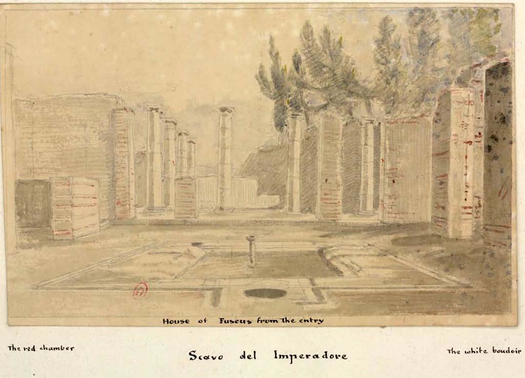 VIII.5.28 Pompeii. Between 1819 and 1832 sketch by W. Gell, looking south across atrium.
On the left, he identified “The red chamber”, and on the right, he identified “The white boudoir”.
See Gell, W. Pompeii unpublished [Dessins de l'édition de 1832 donnant le résultat des fouilles post 1819 (?)] vol II, pl. 48.
Bibliothèque de l'Institut National d'Histoire de l'Art, collections Jacques Doucet, Identifiant numérique Num MS180 (2).
See book in INHA Use Etalab Licence Ouverte
