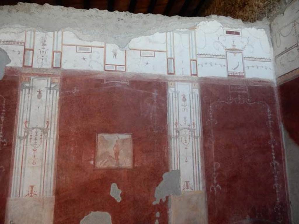 VIII.5.37 Pompeii. May 2017. Room 13, detail of upper centre and west end of south wall after restoration. Photo courtesy of Buzz Ferebee.