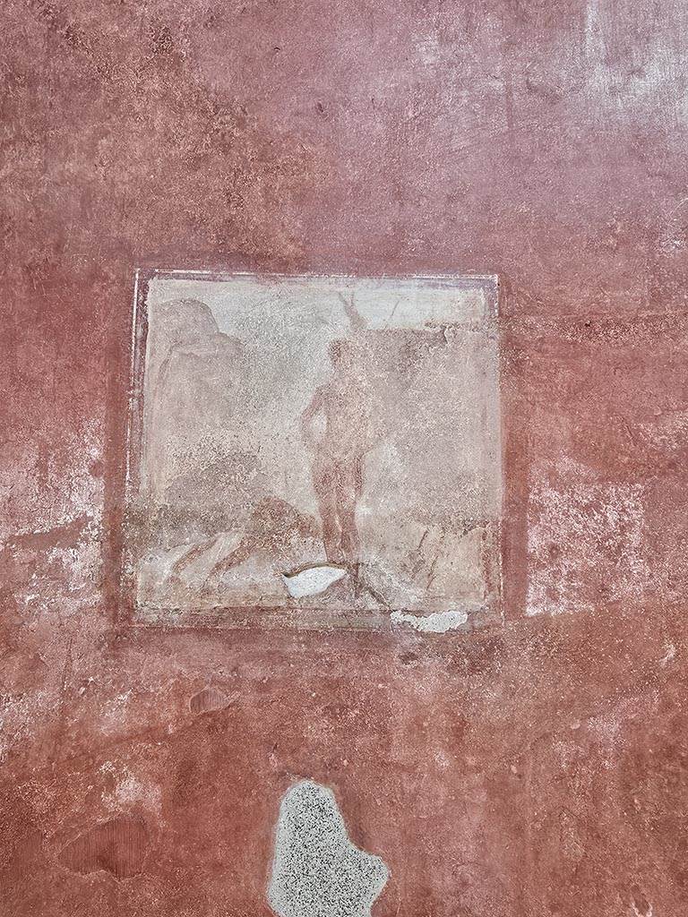 VIII.5.37 Pompeii. November 2024.
Room 13, central wall painting from south wall showing the Punishment of Marsyas,. Photo courtesy of Annette Haug.