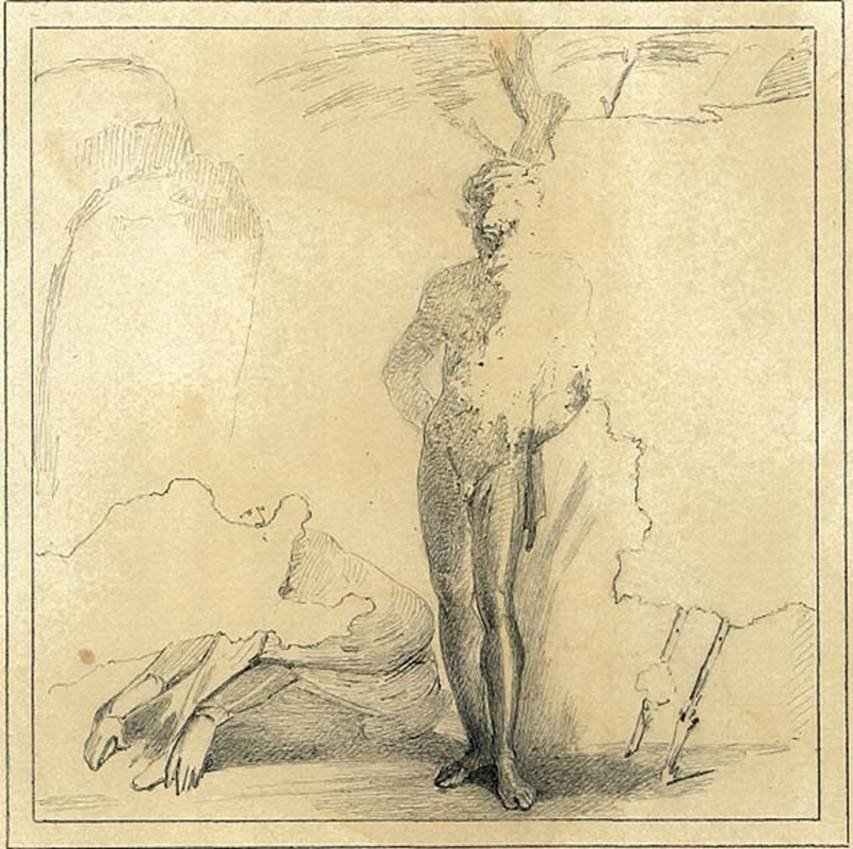 VIII.5.37 Pompeii. Room 13, oecus, south wall. Drawing by Discanno of wall painting of Punishment of Marsyas.
DAIR 83.198. Photo © Deutsches Archäologisches Institut, Abteilung Rom, Arkiv.